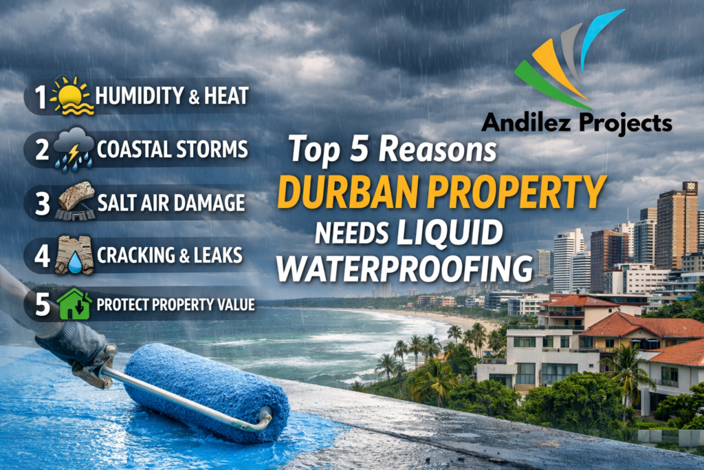 Blue liquid waterproofing being applied to a Durban coastal building roof under stormy skies, with Andilez Projects logo