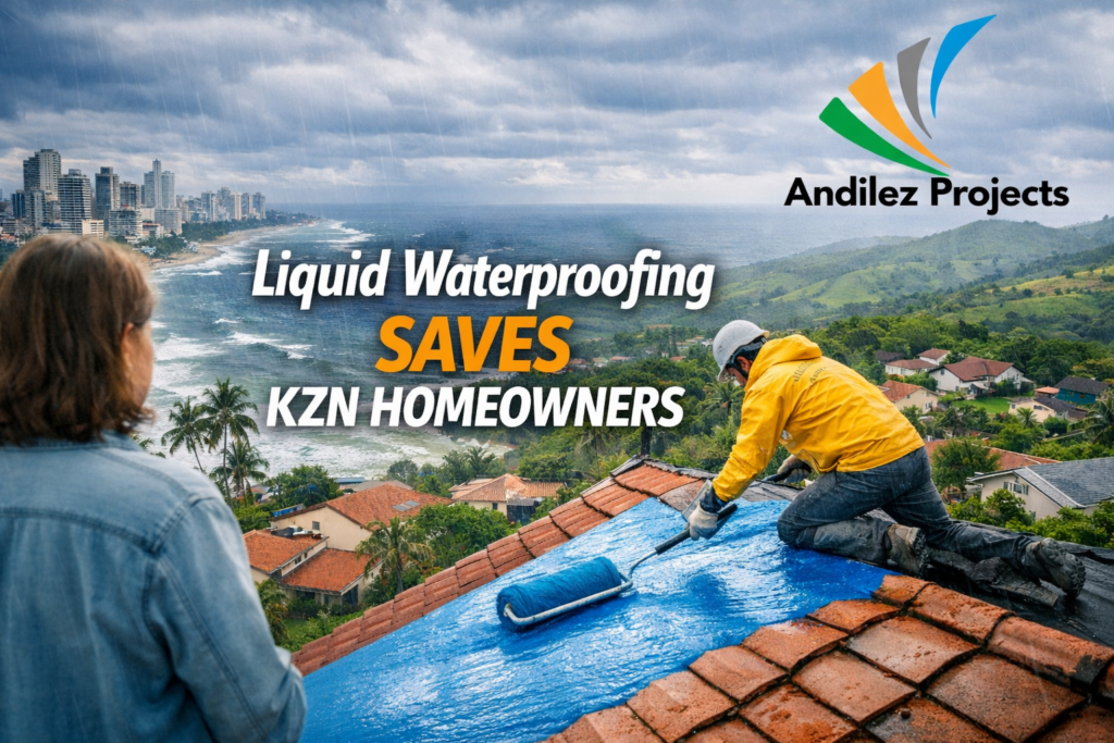 Wide‑angle view of a KZN homeowner watching blue liquid waterproofing applied to their roof overlooking the ocean, with Andilez Projects logo
