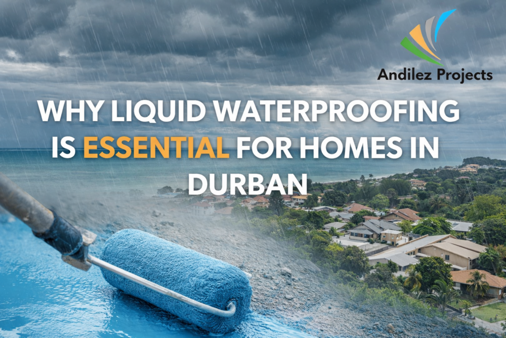 Worker applying blue liquid waterproofing on a Durban coastal home roof during heavy rain, with Andilez Projects logo