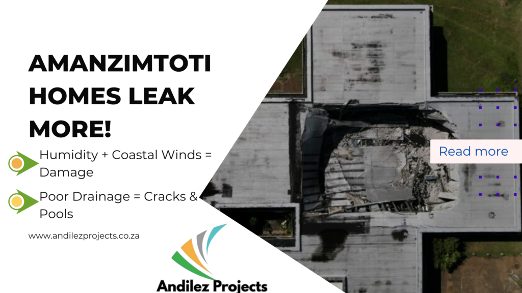 Worker applying blue liquid waterproofing to a coastal Amanzimtoti roof under humid cloudy sky with Andilez Projects logo